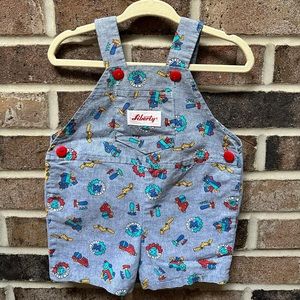 Liberty Vintage Blue Construction Print “Work Wear Inc” Shortalls Size 6 month